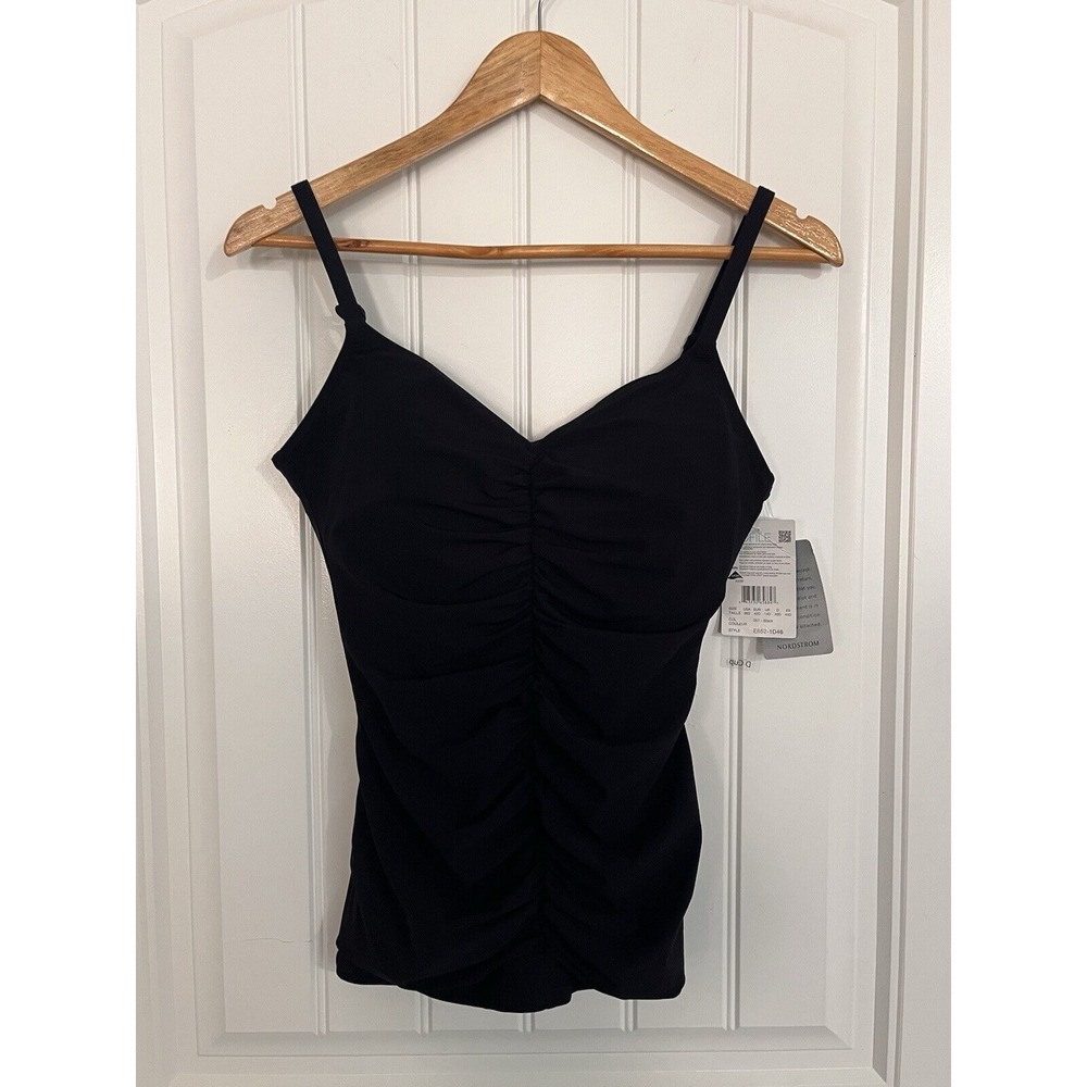 New! Nordstrom Tankini Swimsuit Black Ruching 36D Solid Bra Tummy 081